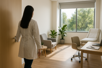 Profissional da saúde entrando em uma sala de consultório moderna em Brasília, com iluminação natural, móveis em tons neutros, plantas decorativas e ambiente acolhedor pronto para atendimento.