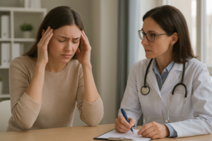 Mulher com expressão de desconforto segura a cabeça durante consulta neurológica em Brasília-DF, enquanto médica escuta e anota informações no prontuário.