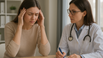 Mulher com expressão de desconforto segura a cabeça durante consulta neurológica em Brasília-DF, enquanto médica escuta e anota informações no prontuário.