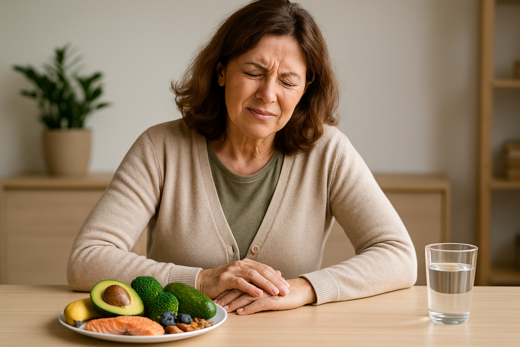Mulher de meia-idade com expressão de dor nas articulações enquanto segura o joelho, sentada à mesa ao lado de alimentos anti-inflamatórios como salmão, brócolis, abacate e castanhas.