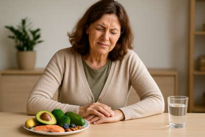 Mulher de meia-idade com expressão de dor nas articulações enquanto segura o joelho, sentada à mesa ao lado de alimentos anti-inflamatórios como salmão, brócolis, abacate e castanhas.